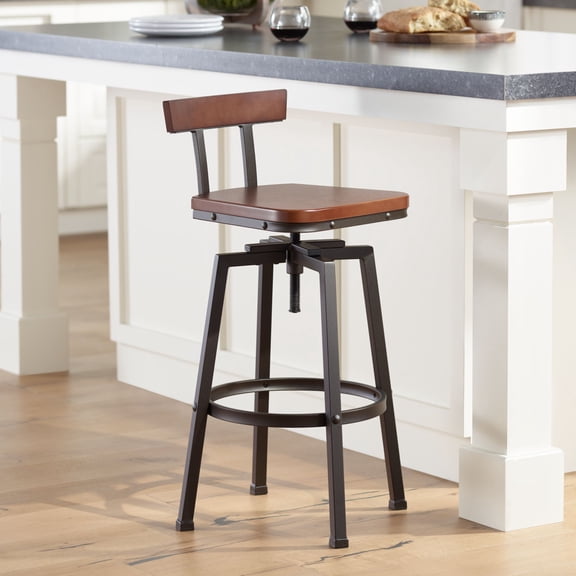 Elm Lane Roark Bronze Swivel Bar Stool Brown 29 1/2" High Industrial Adjustable Wood Seat with Low Backrest Footrest for Kitchen Counter Height Island