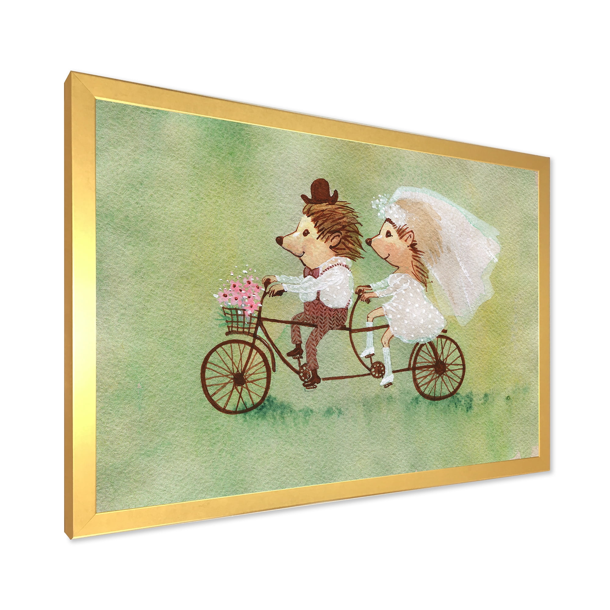 Designart 'Wedding Couple of Hedgehogs Riding A Bike' Traditional Framed Art Print