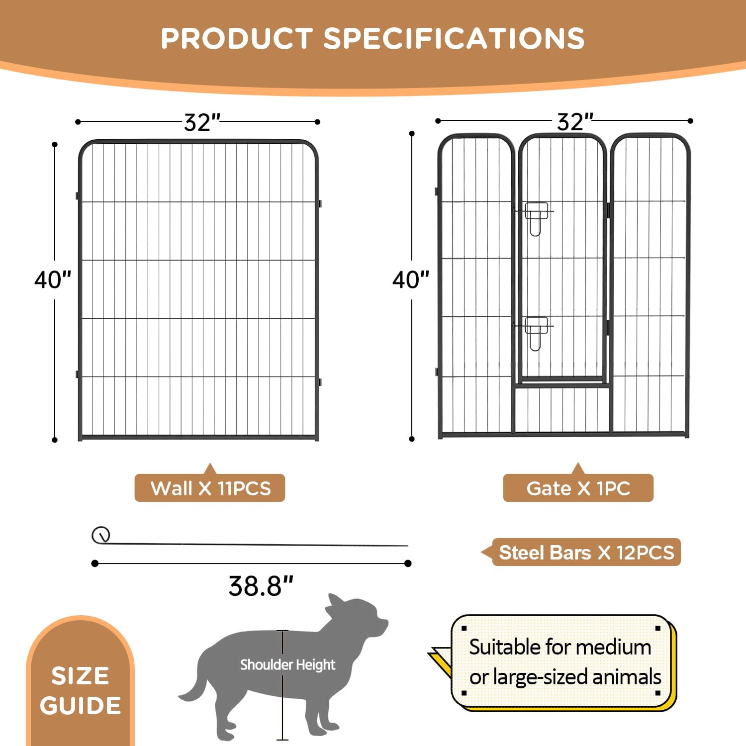 XF XINFENG Dog Playpen 40 inch 12 Panels Metal Dog Pen for Medium and Large Dogs Outdoor Exercise Pen with Doors for RV Camping Yard, Black