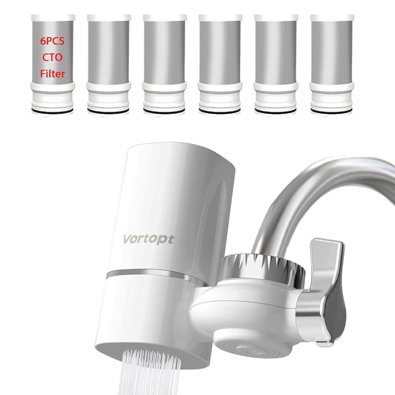Vortopt T1 Water Filter for Sink Faucet, 400 Gallon Capacity, Reduces 99% Chlorine & Odors, with 6 Replacement Cartridges