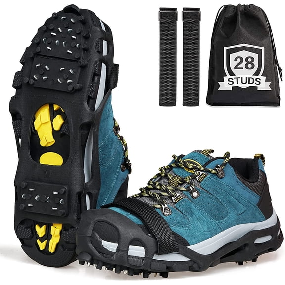 Ice Cleats Snow Traction Cleats Crampons for Walking on Snow and Ice 28 Studs Overshoe Rubber Anti Slip Crampons Slip-on Stretch Footwear 28 Teeth S