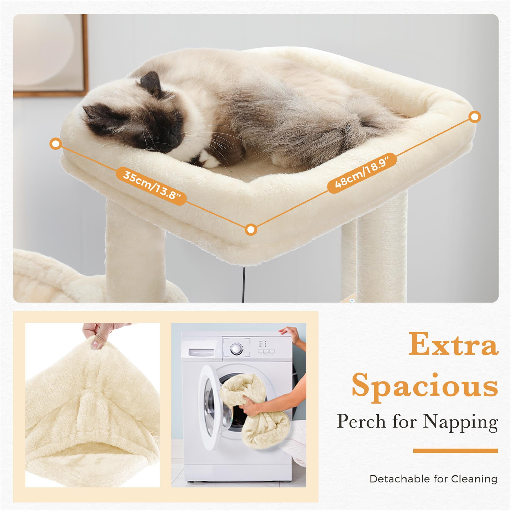 Kadyn 51" Modern Cat Tree Tower for Indoor Cats, Wood Condo with Hammock, Scratching Post and Removable Pads for Small Large Cats, Beige