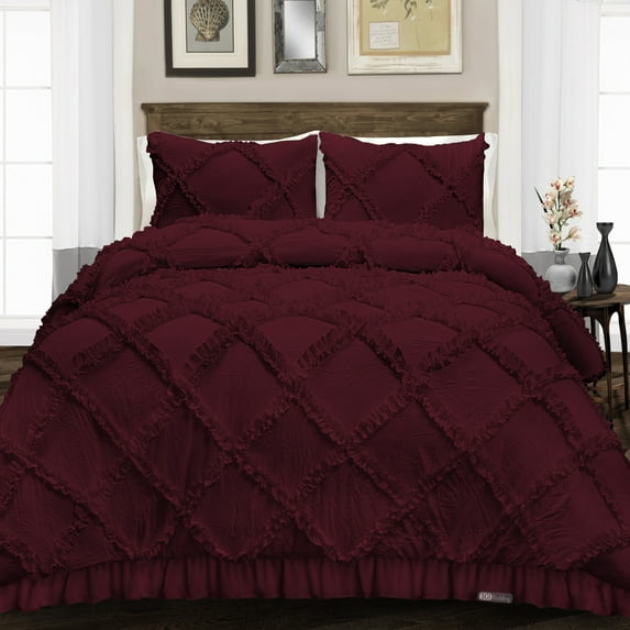 SGI Bedding 3 Piece Cotton Diamond Ruffle Duvet Cover Wine Solid 600TC Calking