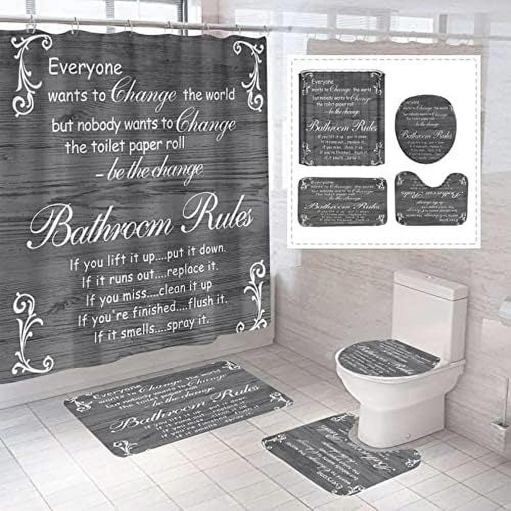4-piece Marble Shower Curtain Set Bathroom Set with Shower Curtain, Toilet Seat Carpet U-shaped Toilet Seat