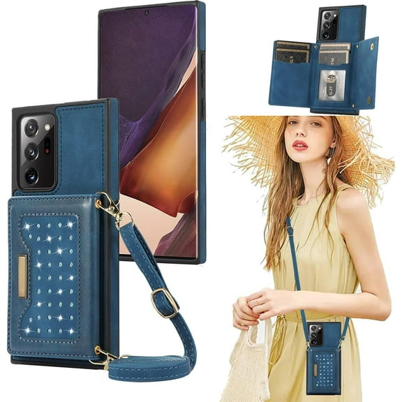 for Samsung Galaxy Note 20 Ultra 6.9" Crossbody Wallet Case for Women, Bling Glitter PU Leather Phone Case with RFID Blocking Card Holder Cover for Samsung Galaxy Note 20 Ultra SZ Blue