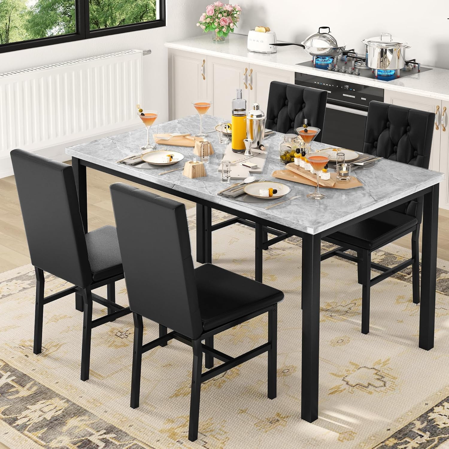 Baxluxe Marble Dining Table Set for 4, Gray Faux Marble Kitchen Table and Chairs Set, 5 Pieces Rectangle Dining Table with 4 Leather Dining Chairs, Dining Set for Small Space, Pub, Gray+Black