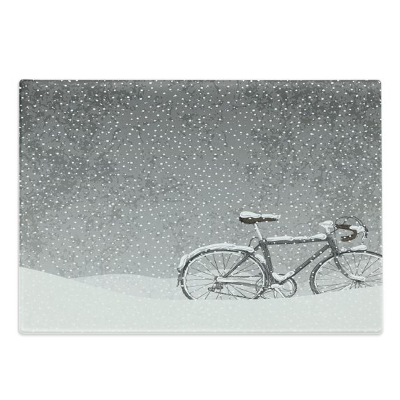 Winter Cutting Board, Bicycle Covered Snow Cold Weather Seasonal Calm Scenery Christmas Inspired, Decorative Tempered Glass Cutting and Serving Board, Large Size, Taupe White, by Ambesonne