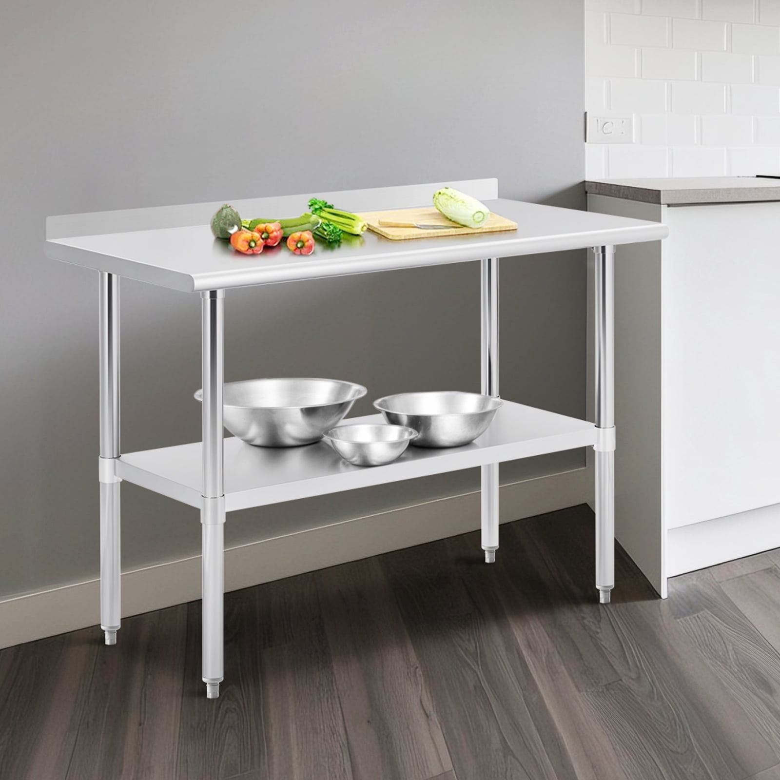 Trilenars 24 x 48 Inches Stainless Steel Table,Metal Prep Worktable with Undershelves and Backsplash for Commercial Kitchen, Outdoor, Restaurant, Adjustable Height