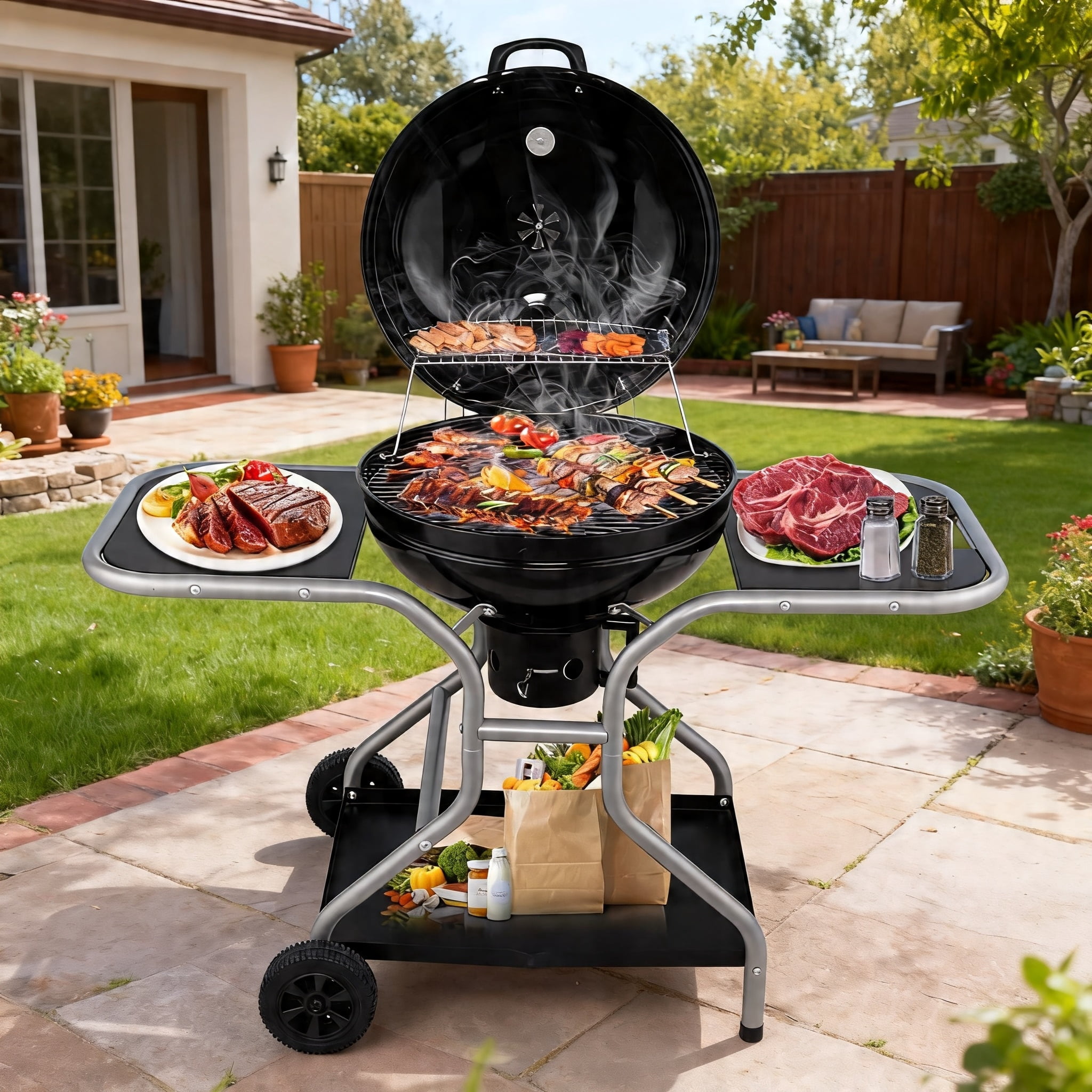 LODZPK Portable Kettle Charcoal Grill with 2 Side Tables, Storage Shelf & Upgraded Ash Catcher, Outdoor BBQ with Thermometer & Air Vents (Wheels Included)