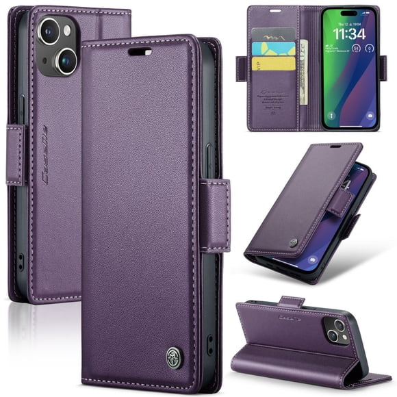CaseMe Leather For iPhone 15 Wallet Case with RFID Blocking, For iPhone 15 Case Wallet for Women Men Card Holder Magnetic Clasp Kickstand Folio Case for iPhone 15,Purple,For iPhone 15
