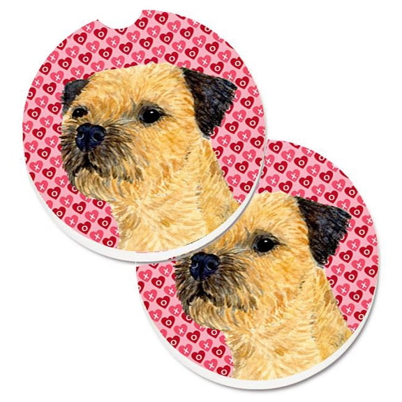 Border Terrier Hearts Love & Valentines Day Portrait Set of 2 Cup Holder Car Coaster