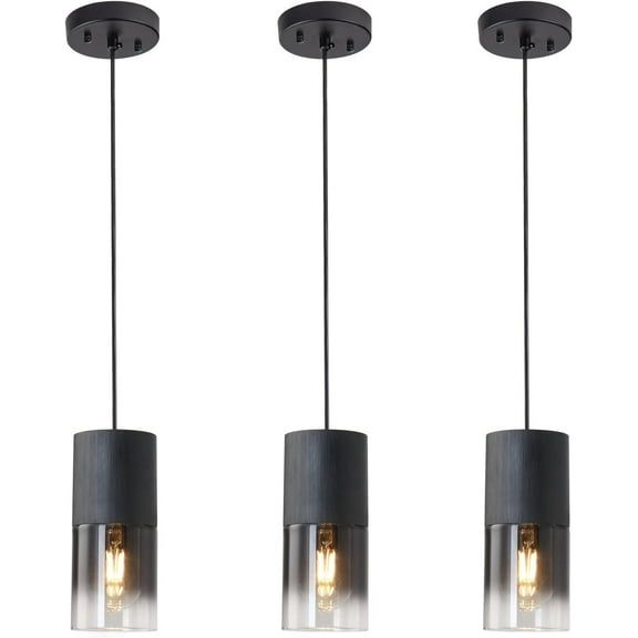 3-Pack Black Pendant Light Fixtures | Adjustable Modern Pendant Lights for Kitchen Island | Industrial Glass Pendant Lights for Dining Table Hallway Bedroom Living Room