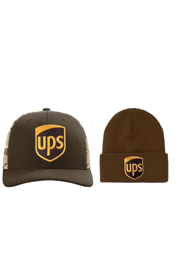 Beanie and Camo Back Brown United Parcel Service Official Style Color Embroidered Patch Front Snapback Khaki Brown Baseball Cap Hat Richardson Camo112PM