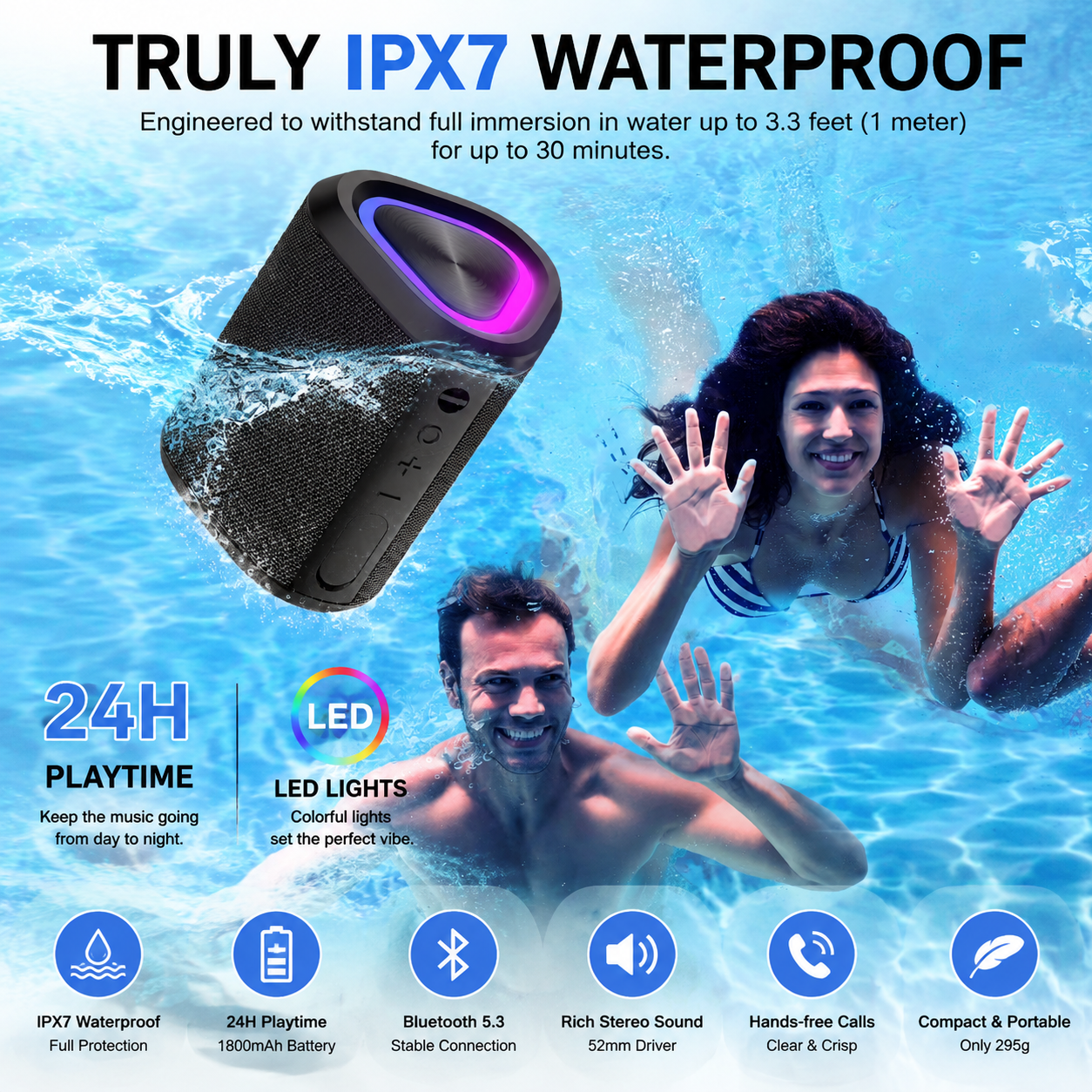 Hoey Portable Bluetooth Speaker with LED Lights, 24-Hour Battery photo 3