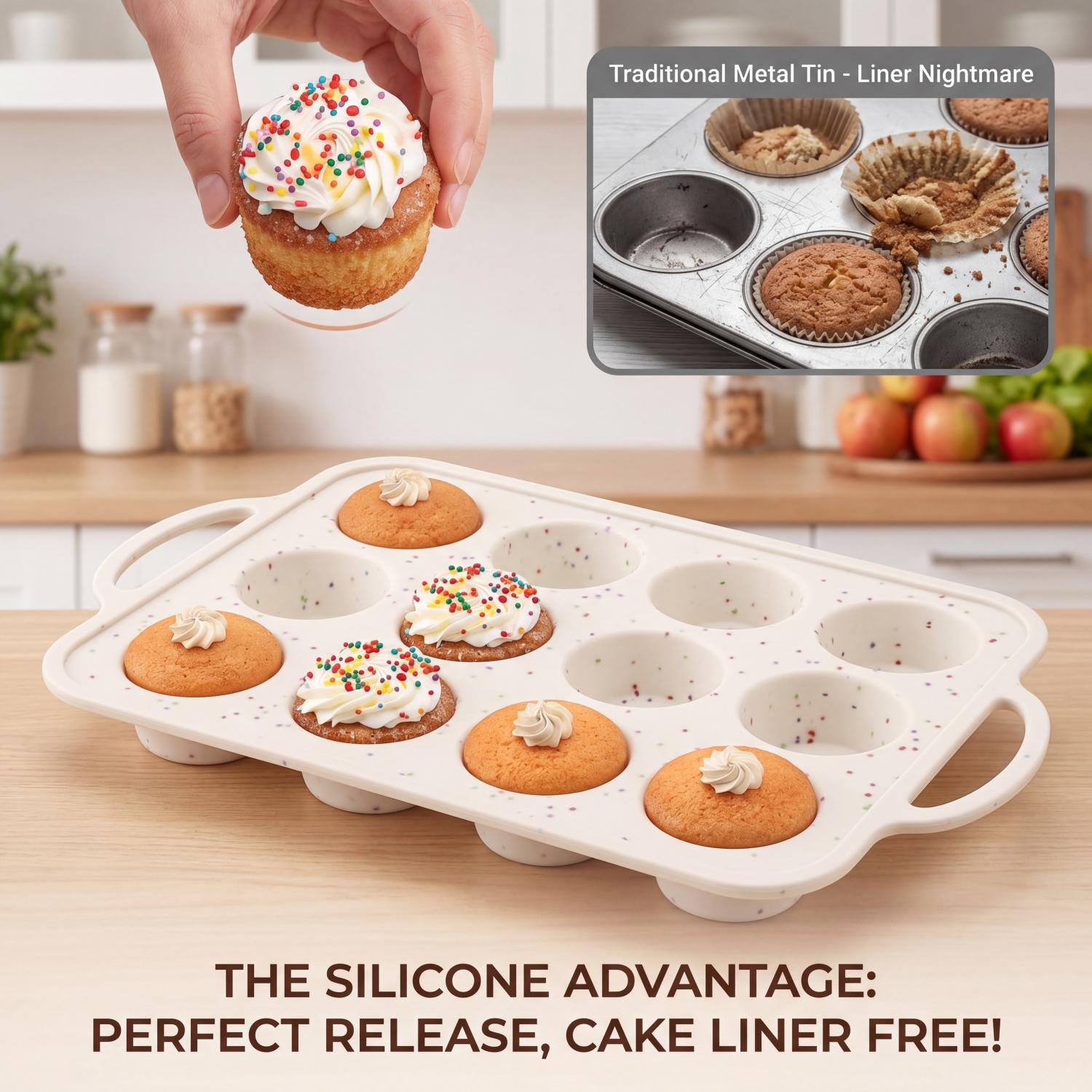 AMBLER Silicone Muffin Pan, 12-Cup with Metal Frame, Off-White photo 2