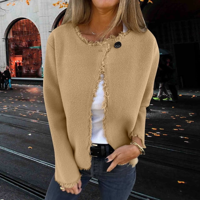 HongQid Women's Wool Blend Fall Business Cardigan Collarless Long Sleeve Button Jacket