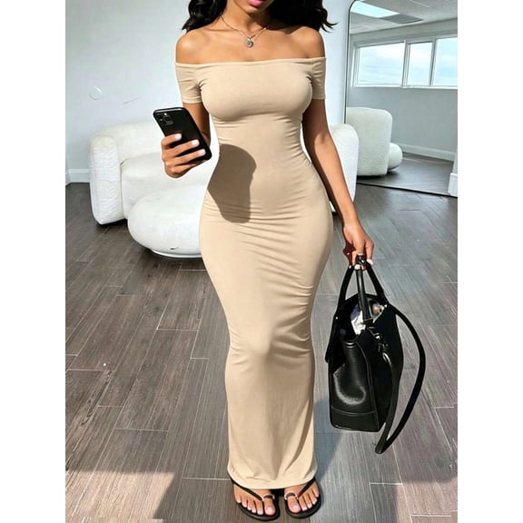 Womens Beige Off Shoulder Fitted Ruched Short Sleeve Maxi Dress