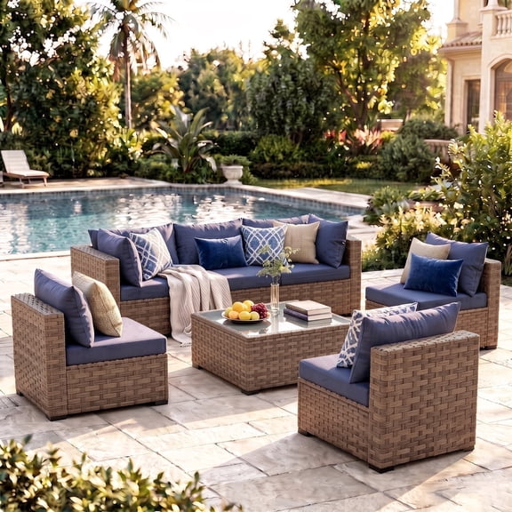 Gasee Patio Furniture Set, 7 Pieces Outdoor Conversation Set with Rattan Sectional Sofa, Coffee Table for Garden Backyard, Blue Cushion