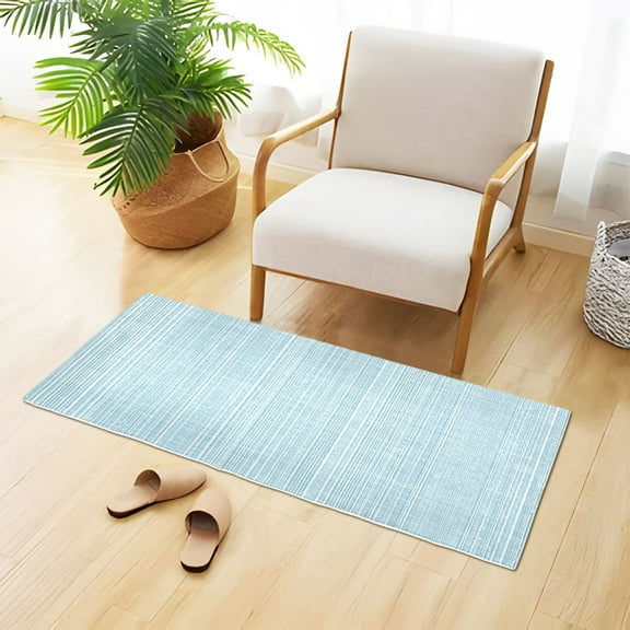 Light Blue Vertical White Lines Fabric Texture Plush Carpet Non Slip Runner Rug Absorbent Bath Mat 39" x 20"
