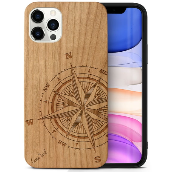 Case Yard Wooden Case Outside Soft TPU Silicone, Slim Fit Shockproof Wood Protective Phone Cover for Girls Boys Men and Women, Supports Wireless Charging Compass Rose Design case for iPhone-11-Pro-Max