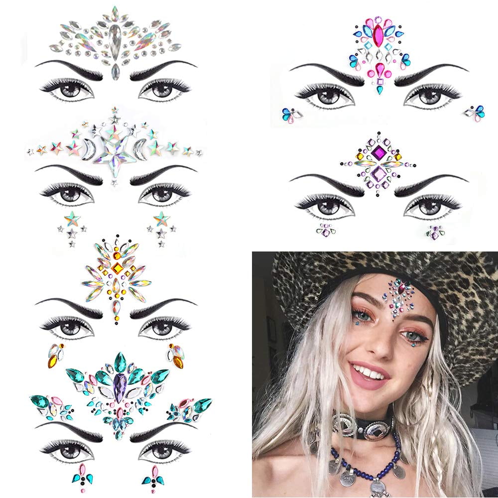 6 Sets Women Mermaid Face Gems Glitter,Rhinestone Rave Festival Face  Jewels,Crystals Face Stickers, Eyes Face Body Temporary Tattoos -  