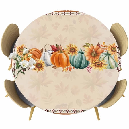 Southwest Fall Boho Round Tablecloth Fitted Table Cover with Elastic for 45 -54 Round Tables Thanksgiving Pumpkins Autumn Sunflowers Table Cloth Outdoor Indoor Dinning Party Waterproof Tablecloths
