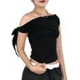 thumbnail image 2 of Women'S Off Shoulder Double Lined Crop Tops Going Out Sleeveless Asymmetrical Y2k Tops Black S, 2 of 6