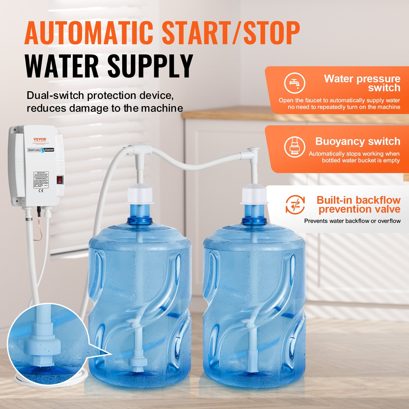 VEVOR Bottled Water Dispenser Pump System, 2x5 Gallon Dispensing System, Automatic Electric Water Dispenser, Double-Pipe Water Jug Pump,Compatible Use with Coffee/Tea Machine,Refrigerator,Ice Maker