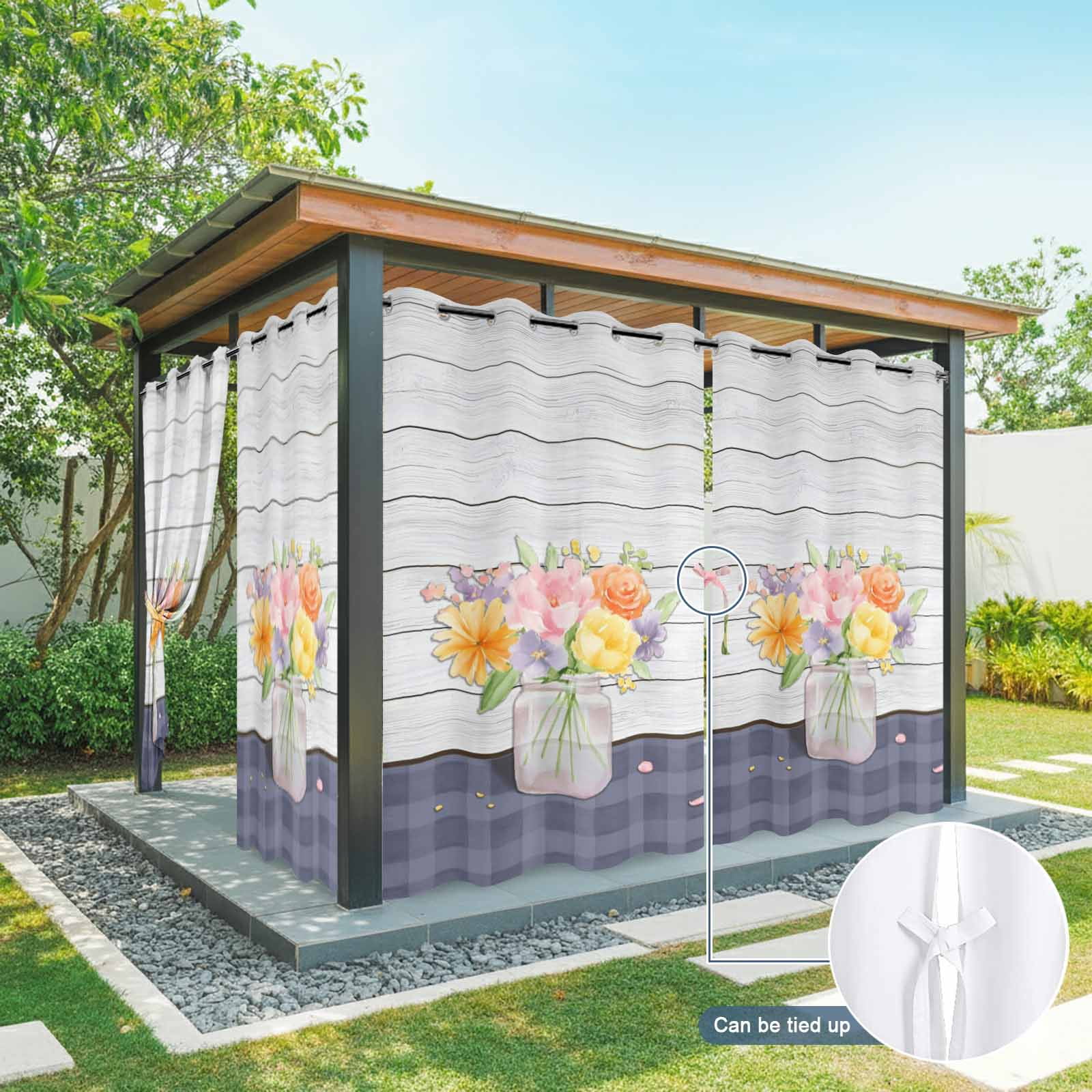 Spring Flower Outdoor Curtains for Patio, Country Farmhouse Floral Bouquet Wood Grain Blue Plaid Sunshade Privacy Drapes Grommet Waterproof Outside Curtains for Porch/Cabana/Balcony 54"x108", 1 Panel