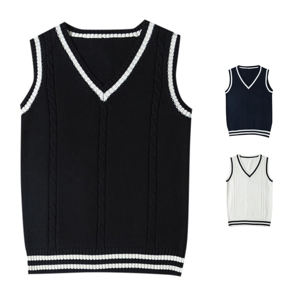 Unir Womens Vests British School Style Cable Knit V Neck Striped Cotton Sleeveless Pullover Sweater Vest Basic Daily Waistcoat S-XXL Cozy Wear 1Pc