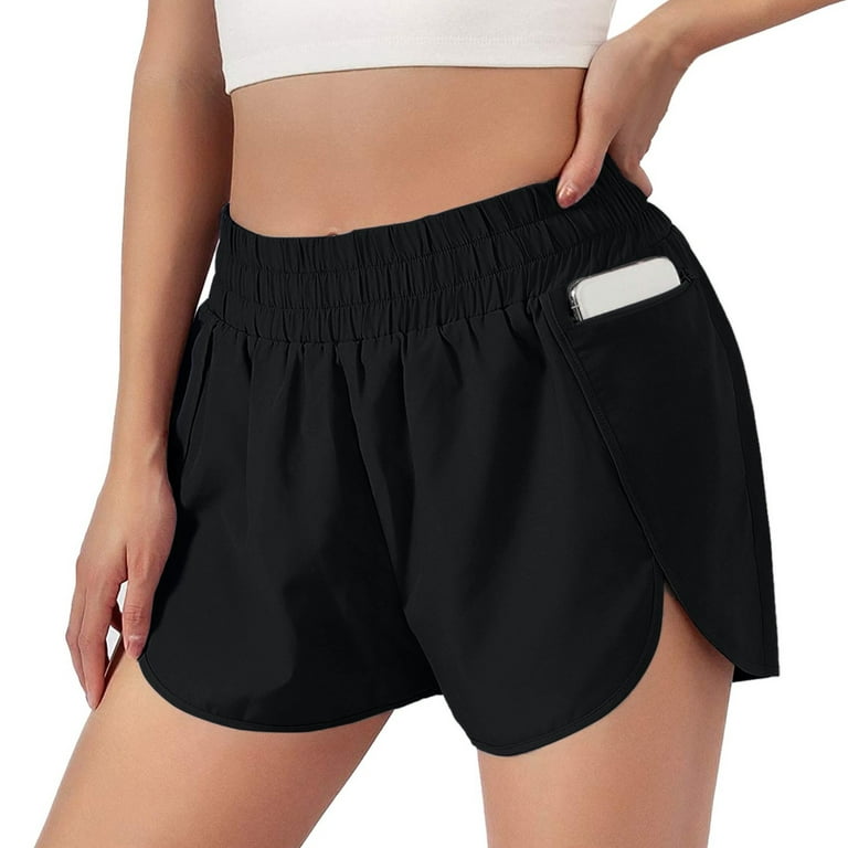 MRULIC shorts for women Women's Athletic Workout Short Elastic Waist  Running Pockets Sport Casual Solid Color Short Fashion Pants Black + L