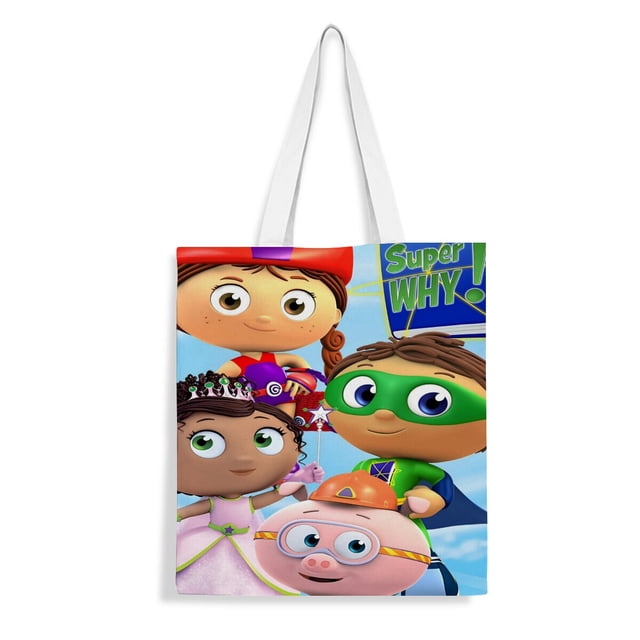 Super Why Bolso de tela con estampado de lienzo para mujer, bolsa de compras reutilizable y estética, con cremallera interior, regalo para mujer,40*45cm.