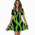 thumbnail image 2 of Abstract Green Navy Leaf Pattern Women Dress V-Neck Short Sleeve Flowy Swing Party Midi Dress, 2 of 4