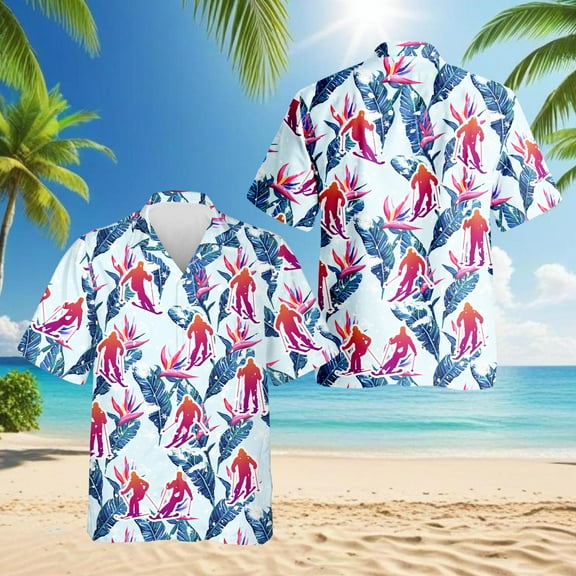 Skiing Hawaiian Shirt for Men, Tropical Style, Button Down Summer Beach Short Sleeve, S-5XL