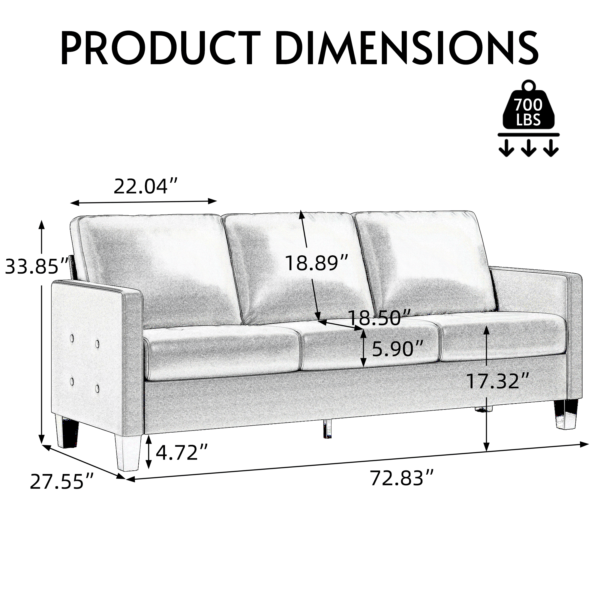 Coewske 72" W PU Leather 3 Seater Couch Sofa with USB Ports for Living Room Apartment Bedroom, Black