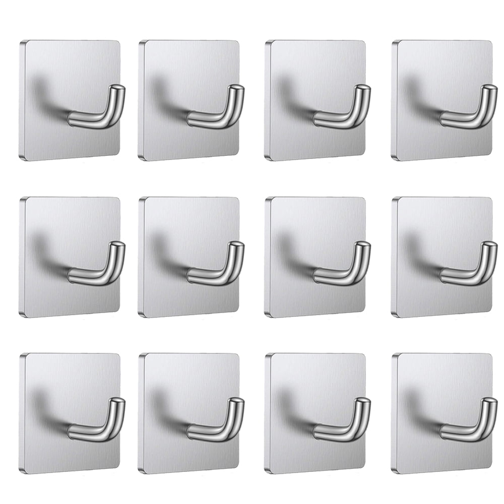 12Pack Heavy Duty Adhesive Hooks Towel Hook Stick on Hooks Wall Hangers  Waterproof Stainless Steel Sticky Hooks for Hanging Bathroom Kitchen Home -  Silver 