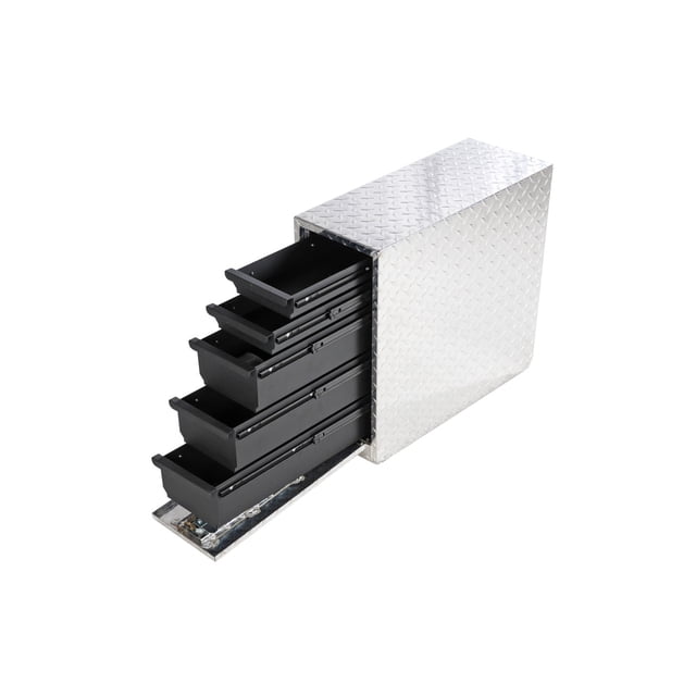 Dee Zee Tool Box DZ95DA Specialty; Wheel Well With 5 Drawers; Diamond Tread; Silver; Aluminum; 1.9 Cubic Foot Capacity; Mounts On Either Side Of Bed