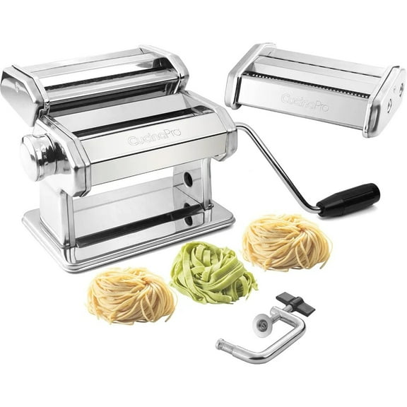 Cucina Pro Pasta Maker Machine- Heavy Duty Chrome Coated Steel Construction with Fettucine and Spaghetti Attachments, Rollers w/Adjustable Thickness Settings, Manual Hand Crank, Recipes
