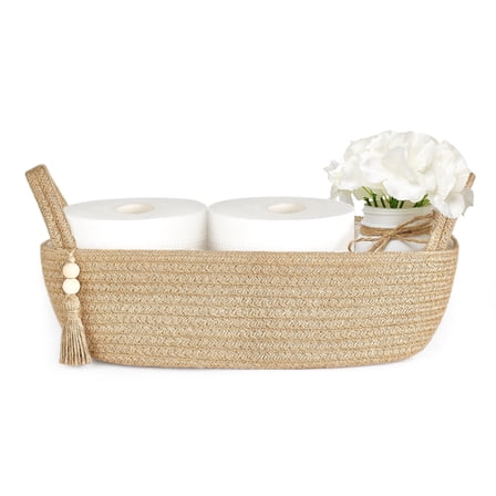 Vophios Small Storage Basket for Toilet Tank Top Bathroom Jute Toilet Paper Tray 13" L x 6" W
