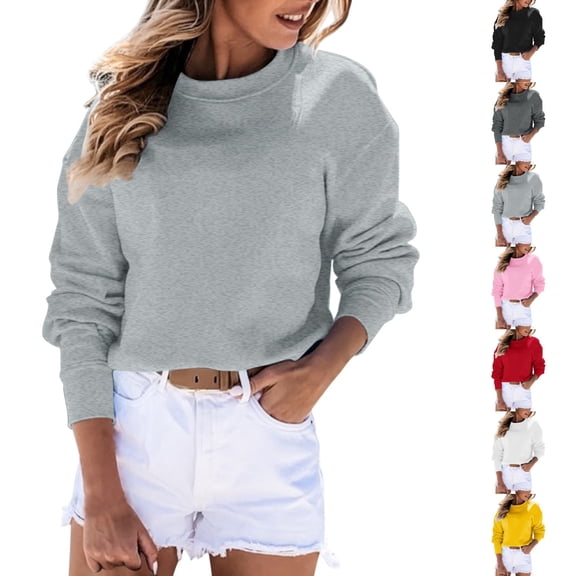 GPOECD Womens Sweatshirt Autumn Winter O Neck Solid Color Long Sleeve Pullover Top Casual Style Sweatshirts for Women,Grey,XXL
