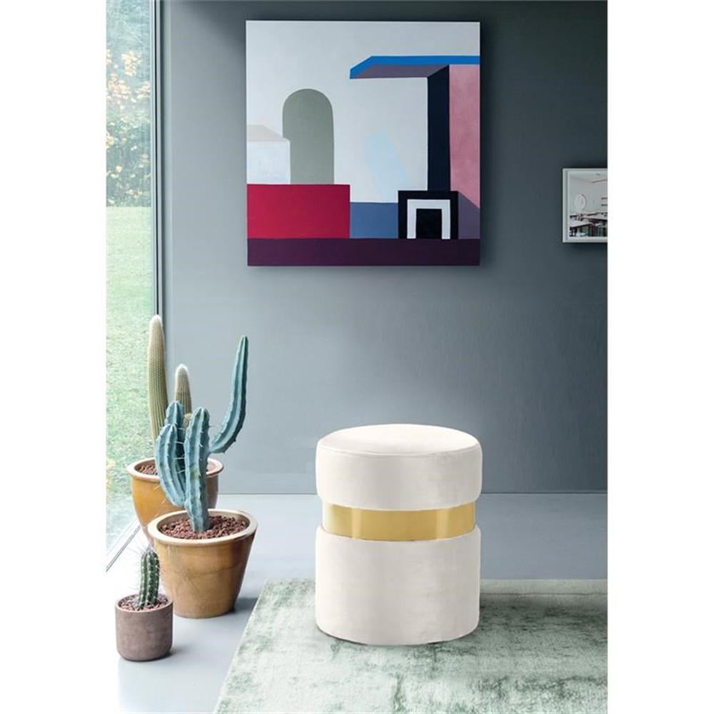 Maklaine Velvet Cream Ottoman Round Upholstered Contemporary 14.5" Assembled