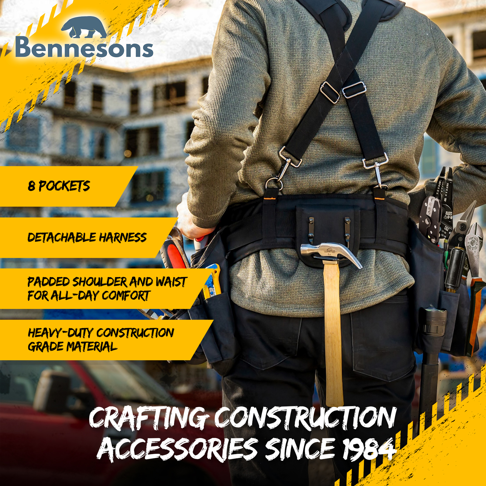 Bennesons Worker's Pro Construction Tool Belt Combo with Suspenders  Adjustable Strap – Black