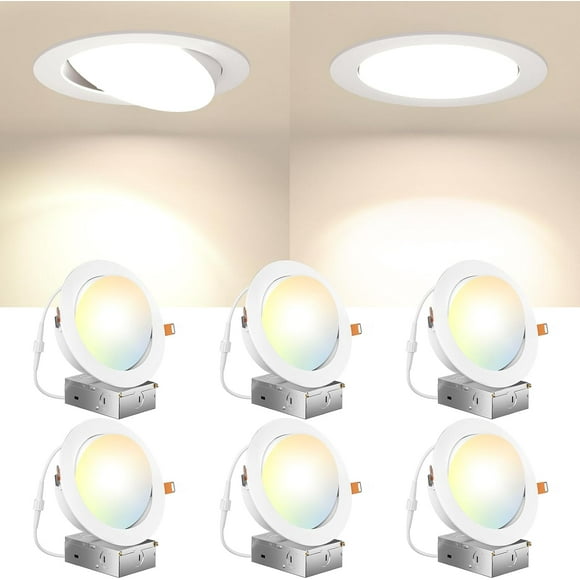 6 Pack 6 Inch 5CCT Gimbal LED Recessed Lighting, Directional Adjustable Ceiling Downlight, Angled Dimmable Canless Light with Jbox, 2700K-5000K Selectable, 15W 100W Eqv, 1100LM, ETL&FCC