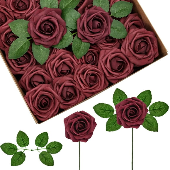 Flores Artificiales InnoGear de Espuma Rosas Falsas 50pcs Burdeos