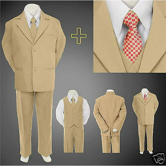 Boy Baby Toddler Formal Wedding Party Khaki Stone Suit Tuxedo Ext Tie Set S-4T