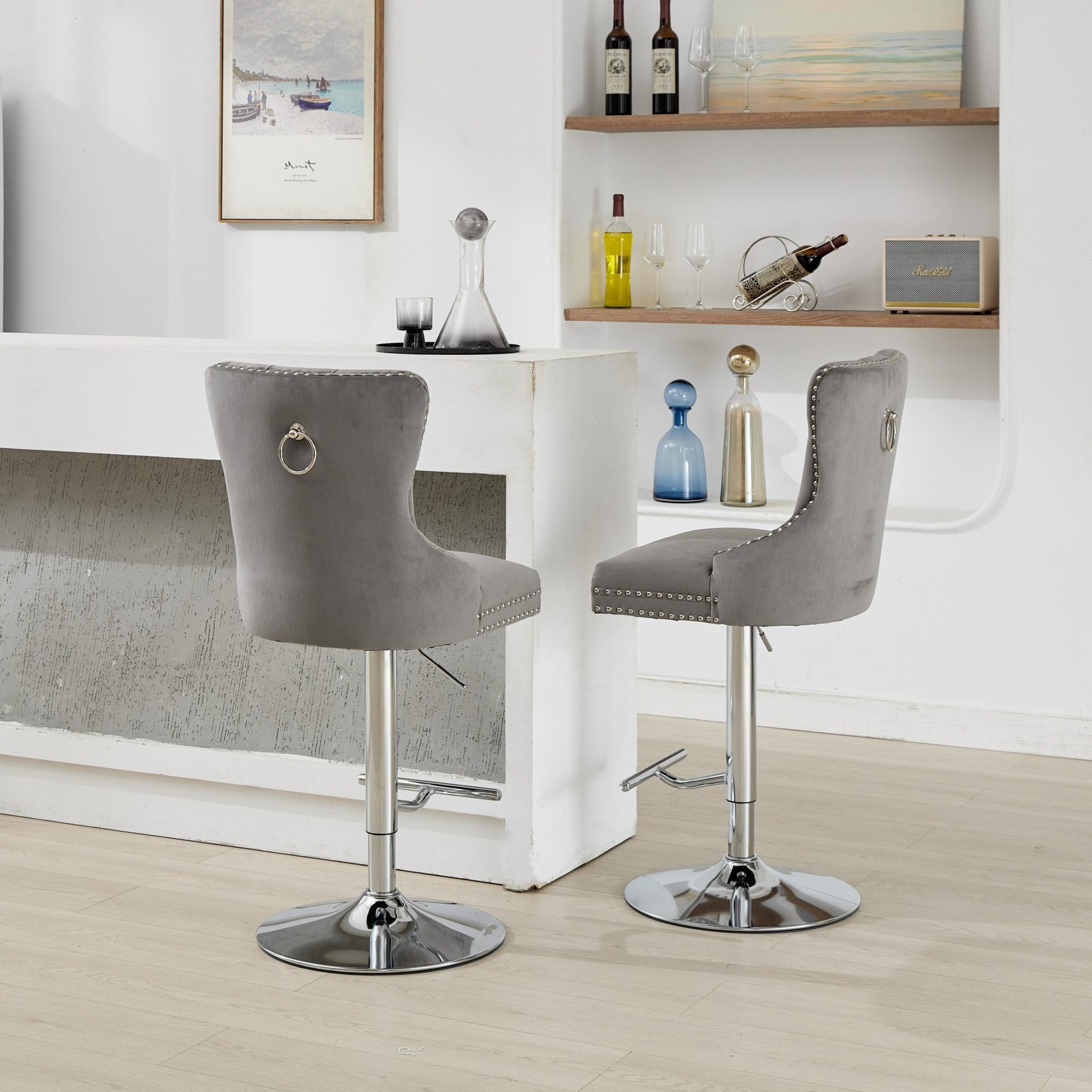 Noble House Set of 2 Swivel Barstools, Adjustable 27-35" Height, Tufted Velvet Upholstery, Gray