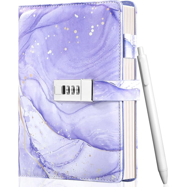 Diary with Lock for Girls and Women, A5 Journal with Lock for 8 10 11 12 14 16 Year Old Girls Gifts Presents, 192 Pages Waterproof Journal for Girls Ages 8-12 with Pen Marble Diary, Purple