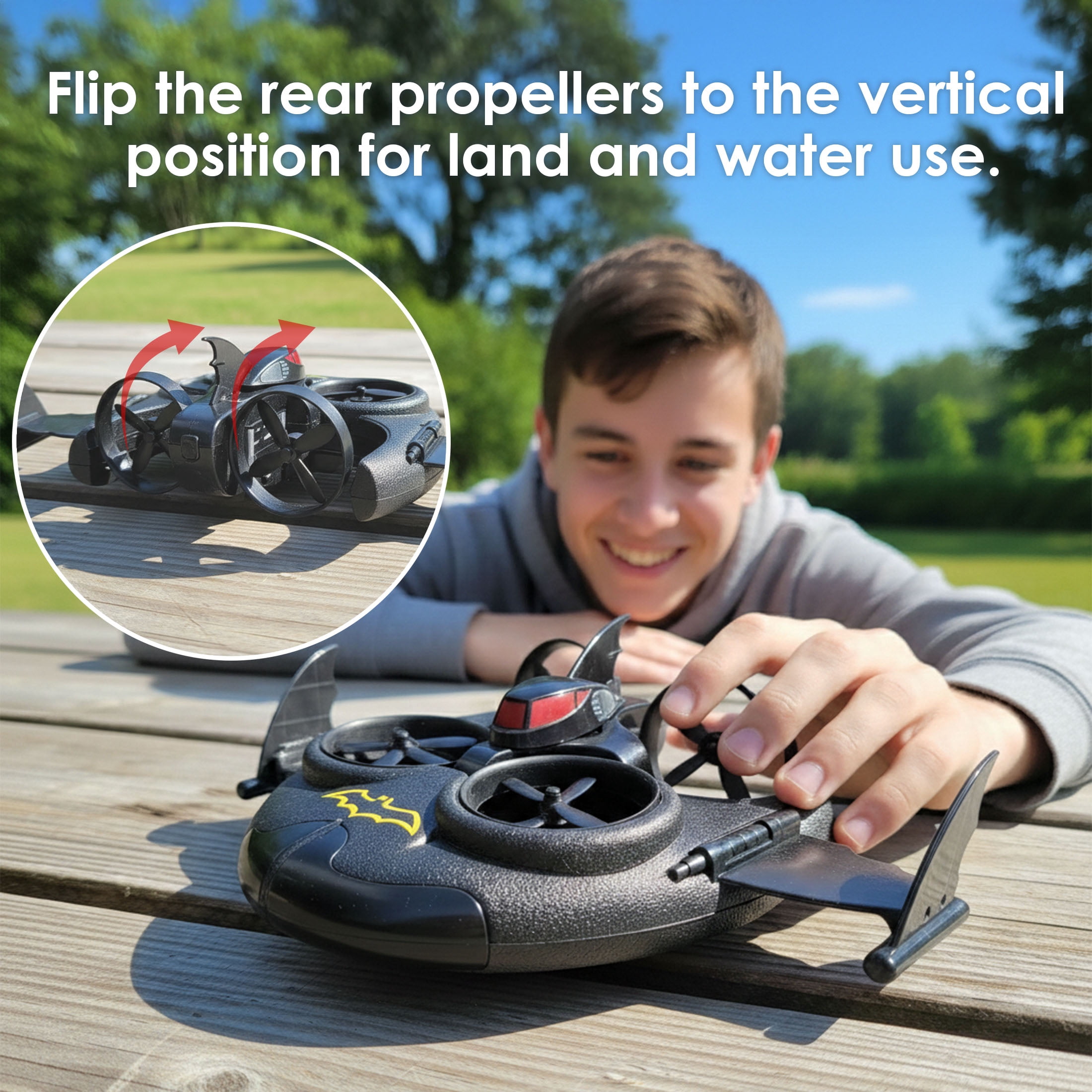 Batman Batboat 3-in-1 RC Drone – Water, Land & Air, 360° Rotation, Rechargeable, Officially Licensed