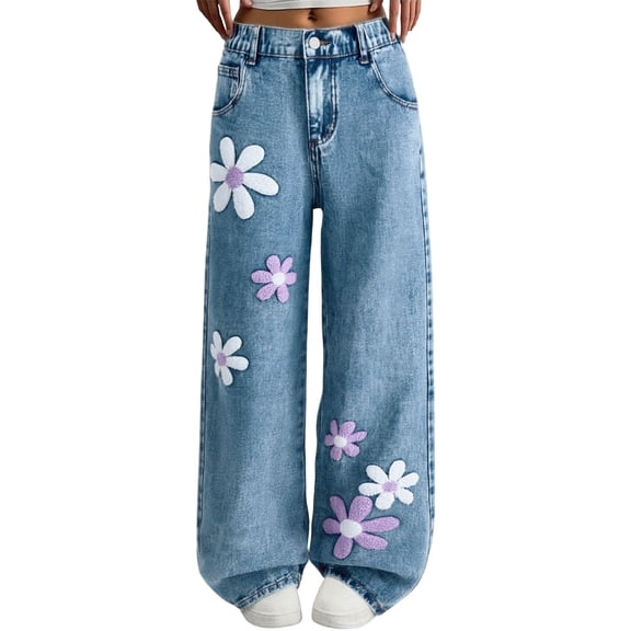 Elastic Waist Cute Bow Print Kids Denim Trouser, Cute Jeans for Girls 10-12 Wide Leg Denim Pants for Girls’ Daily Casual Wear Jeans for Teen Girls Pants for Girls 10-12, Blue 7-8 Years