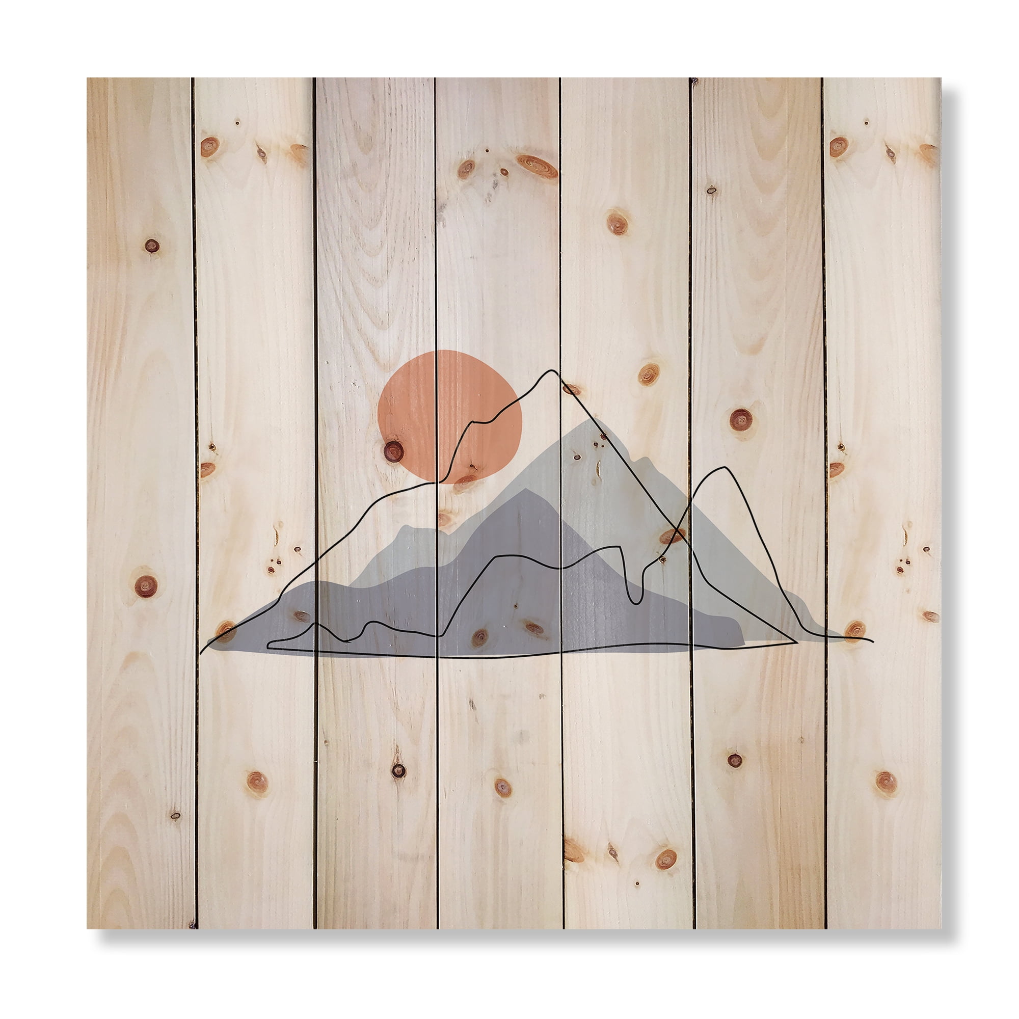 Designart 'Abstract Red Moon With Mountainscape' Modern Print on Natural Pine Wood